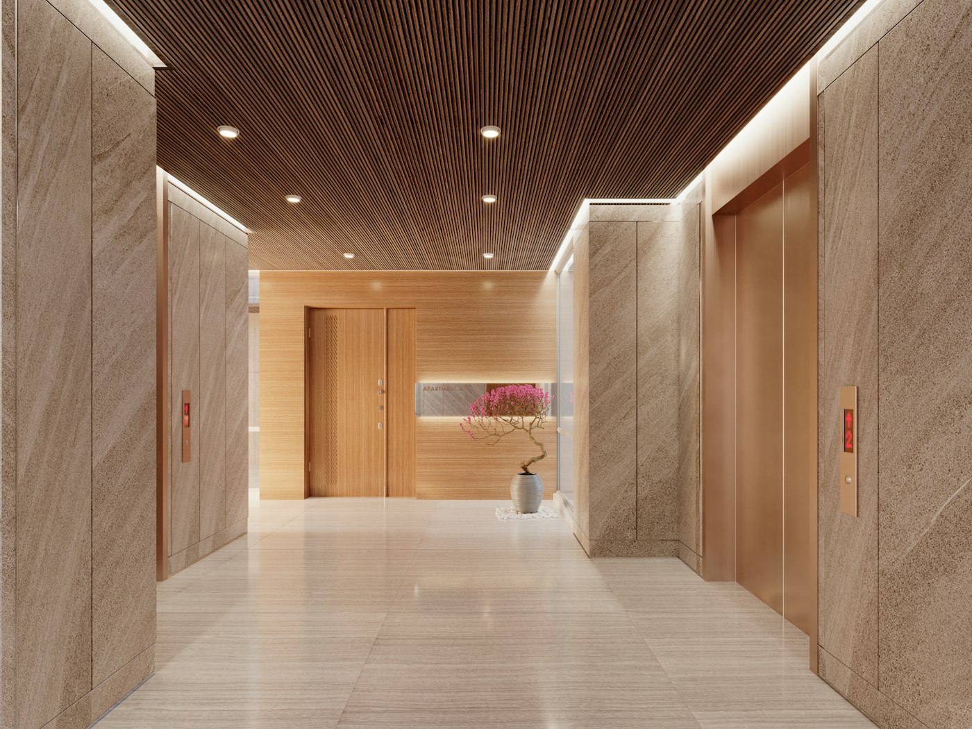 The Condo Life lobby with warm wood panelling